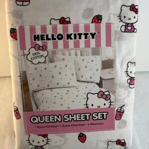 Hello Kitty Queen Sheet Set Pink White 100% Cotton 4pc Sanrio NWT
